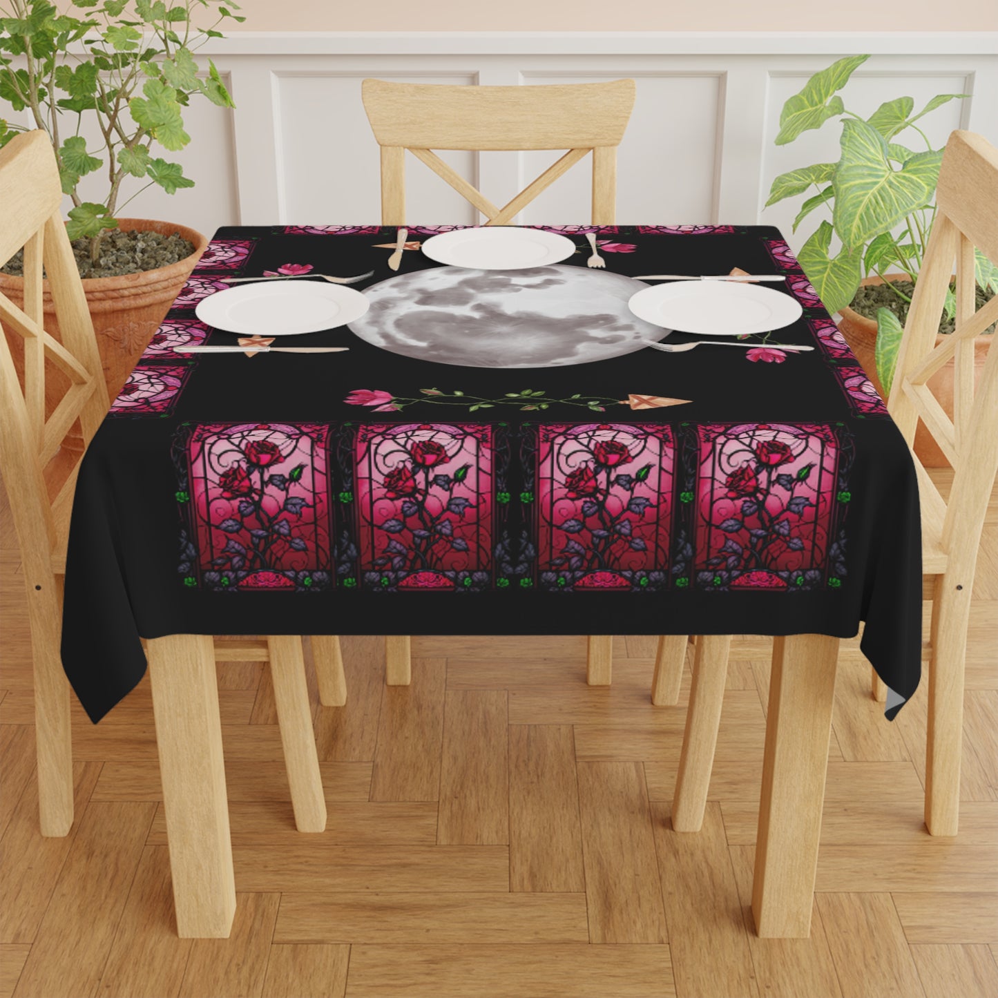 Mystical Moon Tablecloth, Gothic Kitchen Decor, Floral Dinner Party Table Cover, Halloween Decor, Moonlit Gathering