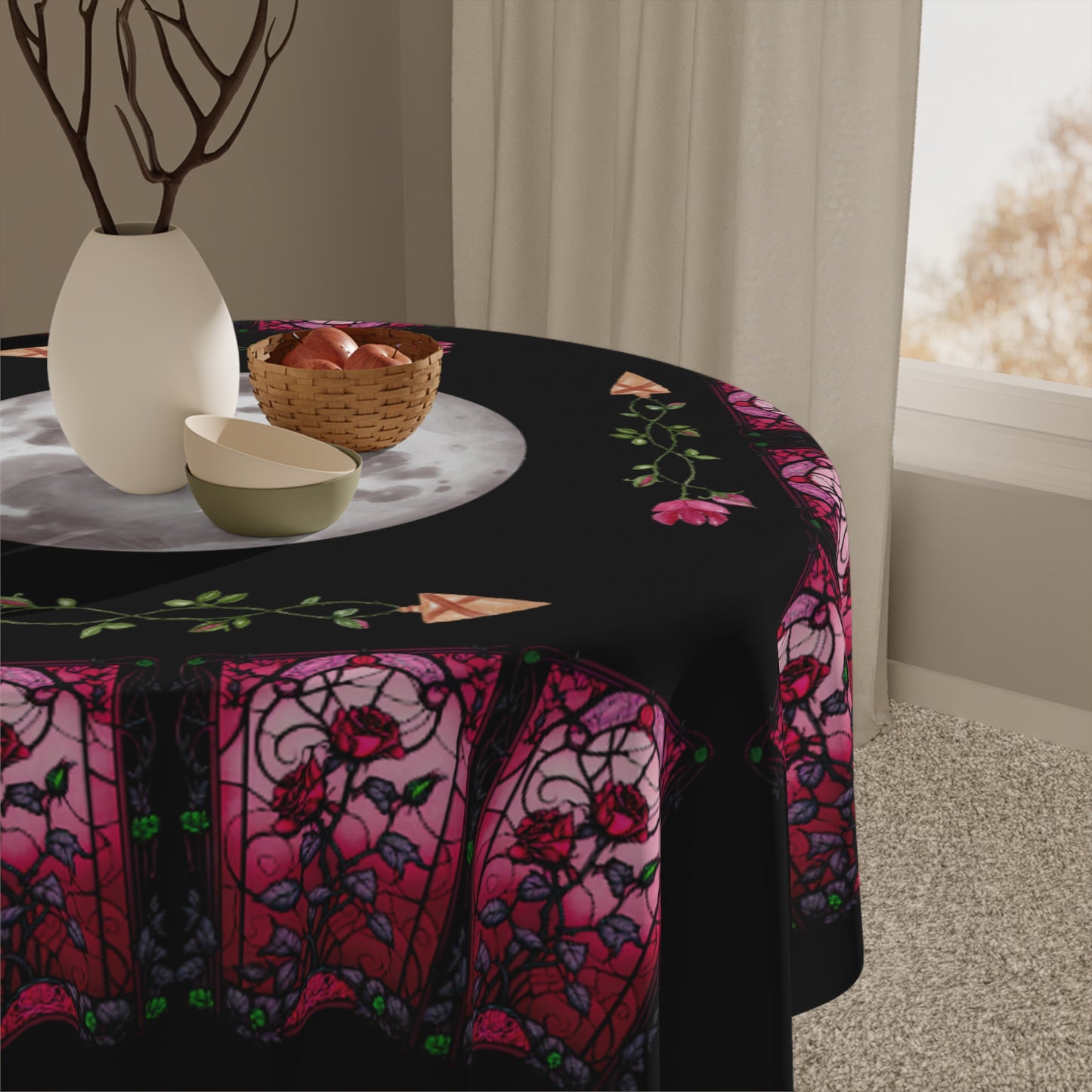 Mystical Moon Tablecloth, Gothic Kitchen Decor, Floral Dinner Party Table Cover, Halloween Decor, Moonlit Gathering