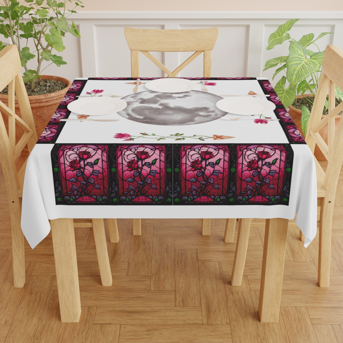 Celestial Floral Tablecloth - Moon & Garden, Boho Decor, Elegant Dining, Table Decor, Lunar Celebration