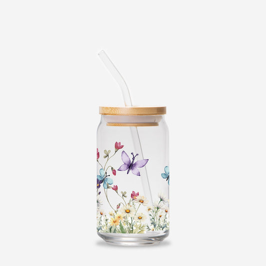 Whimsical butterfly and wildflowers bamboo lid and Glass Can 16oz