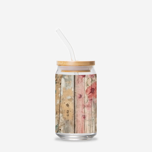 Boho Shabby Chic Bamboo lid and Glass Can 16oz distress wood design